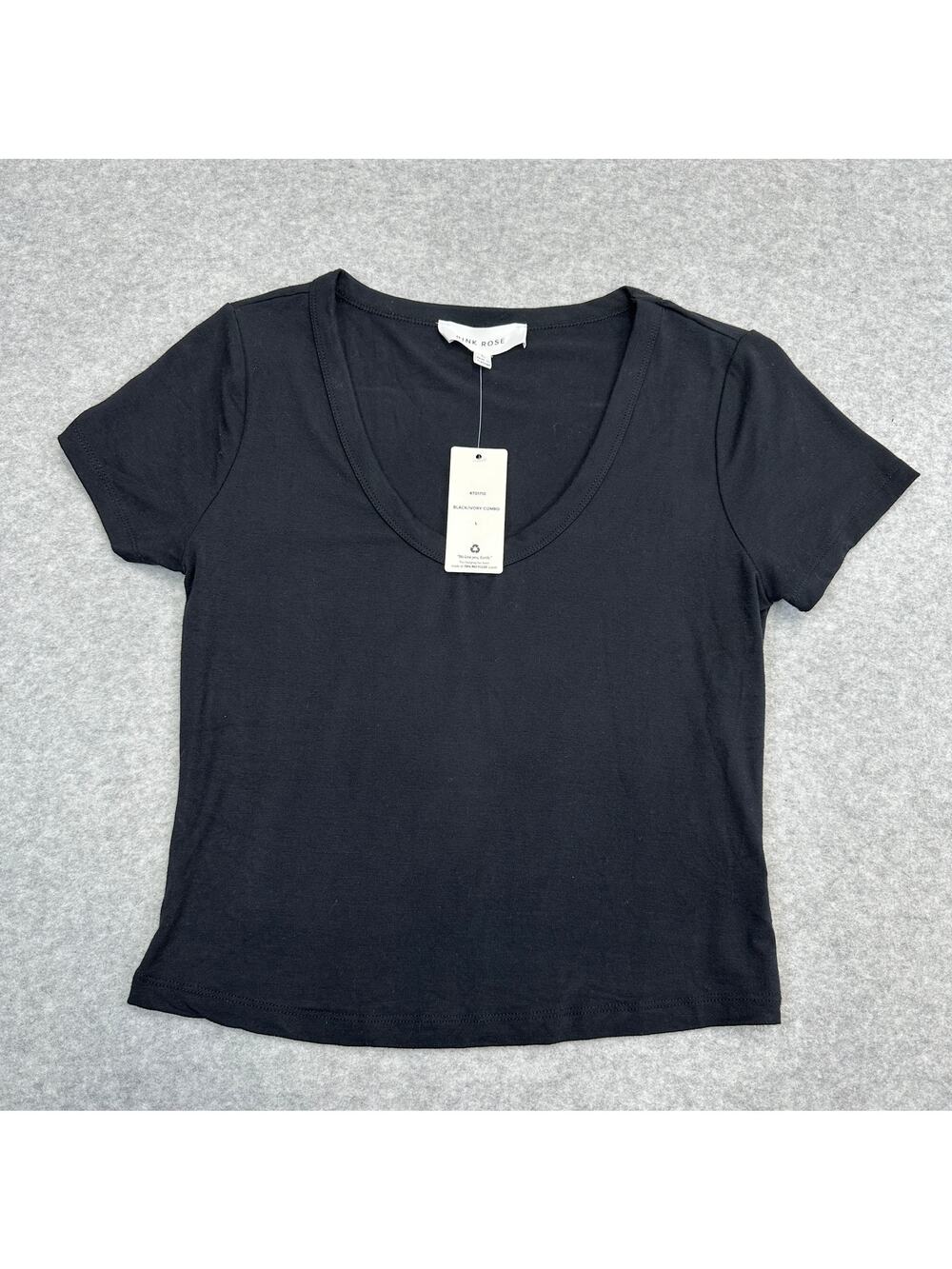 Pink Rose Semi-Crop T-Shirt WMNS L Black Stretch Scoop Neck Short Sleeve Fitted